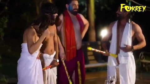 Lustful Indian Fatty in skimpy saree with 3 muscular sadhus outdoors