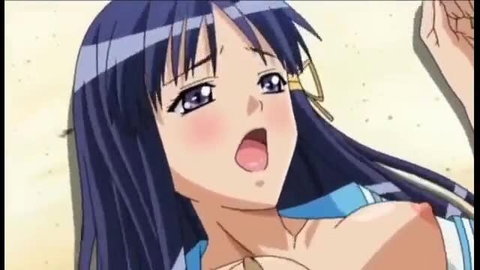 Busty anime girl with long purple hair moaning on beach vacation