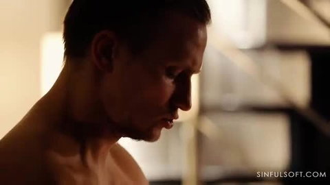 Closeup of handsome shirtless man profile, Candee Licious Fanta Sie group sofa sex