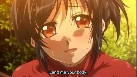 Cute Japanese anime girl with short brown hair blushing, saying 'Lend me your body'