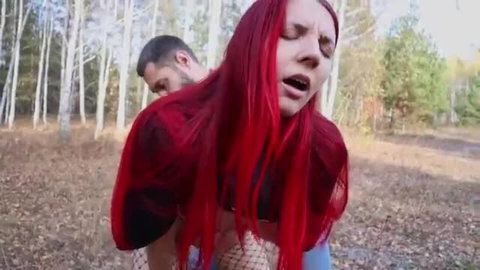 Redhead slutty MILF wife fisted hard in woods by man