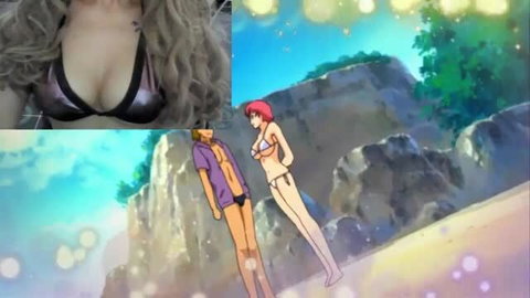 Blonde in bikini cosplays anime redhead resort babes with lucky guy