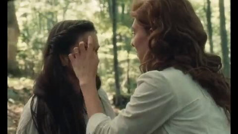 Vanessa Kirby and Katherine Waterston tender lesbian forest touch