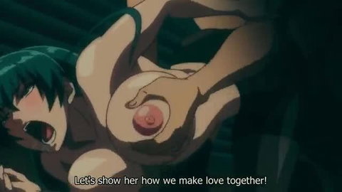 Anime hentai girl with green hair groped in gangbang scene