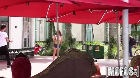 Bubbly teen in tiny shorts picked up by guy outdoors at cafe