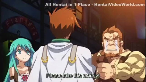 Rance hentai: teal-haired anime girl offers money to crying muscular man begging