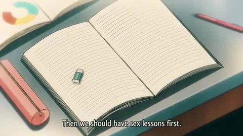 Anime hentai girl opens notebook to sex lessons page