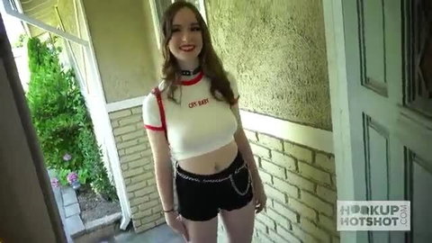 Cute brunette teen in crop top and hot pants at door hookup