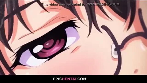 Closeup of seductive hentai girl's pink eyes and glasses, epic hentai slut