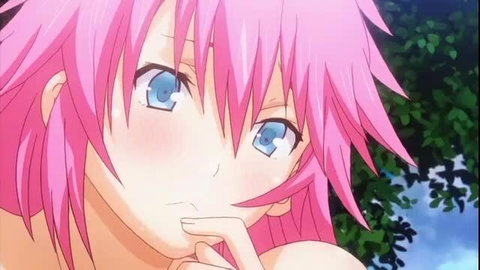 Pink-haired anime hentai girl with blue eyes blushing close-up