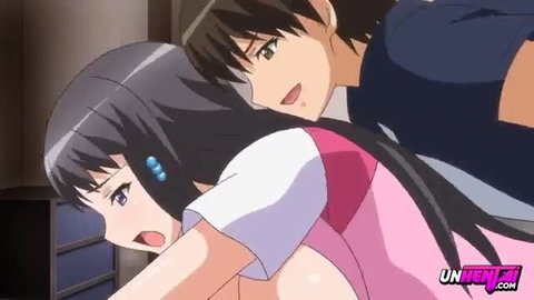 Anime JAV guy gropes busty black-haired girl's big tits from behind