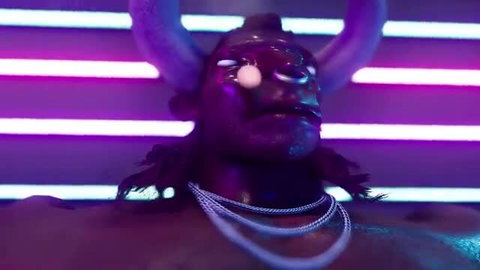 3D neon demon bull monster with glowing eyes and chains in cyberpunk style