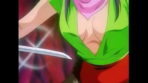 Lady Blue in green cleavage top and red skirt wielding sword, anime hentai ep. 3