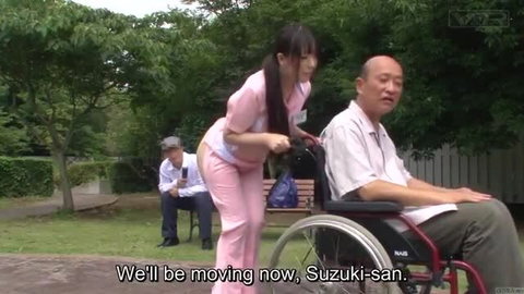 Japanese nurse in thong pushes wheelchair patient outdoors JAV