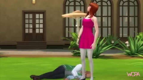 Redhead in pink dress stands over man lying on grass in Sims-style scene