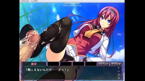 Anime girl in red skirt stockings gives footjob to cock