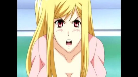 Blonde anime girl with massive cleavage in pink top, shocked expression, Oppai Life ep 2