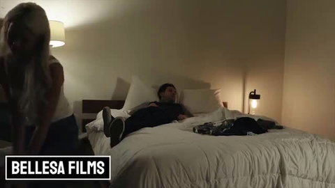 Elsa Jean blonde petite sneaks up on sleeping guy in bed
