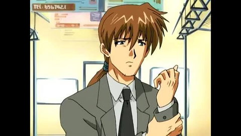 Handsome anime guy in suit and ponytail at train station, JAV thumbnail