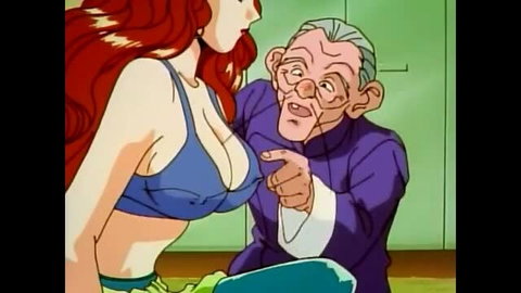 Redhead anime babe in blue bra with old man pointing at her tits in Private Psycho Lesson ep. 1