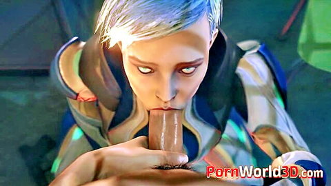 3D animated sci-fi woman with white hair sucking huge brown cock