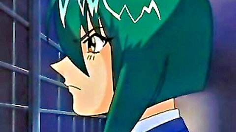 Anime green-haired schoolgirl in blue sailor uniform behind bars, wide-eyed gaze