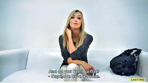 Charming blonde in casual casting interview on couch