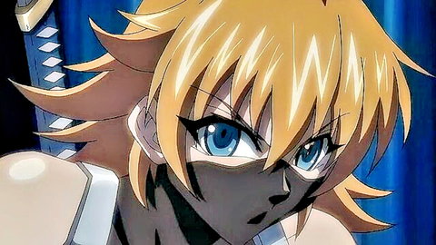 Blonde Taimanin Asagi in ninja mask and sword pose, intense hentai anime thumbnail