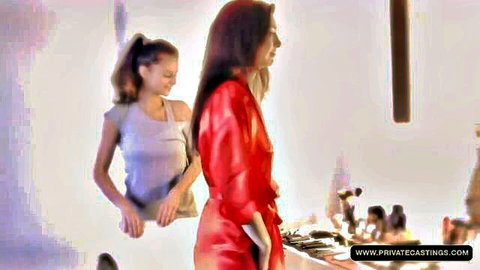 Niana Dorev in red robe during teen casting, sexy makeup prep