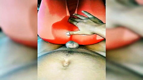 Amateur solo in red leggings, hand spreading ass revealing toy insertion