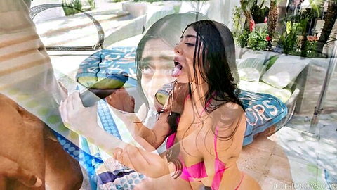 Violet Myers sucking huge BBC in wet pink bikini poolside