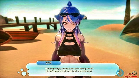 Petite blue shark mermaid girl in skimpy black bikini on beach, teasing pose
