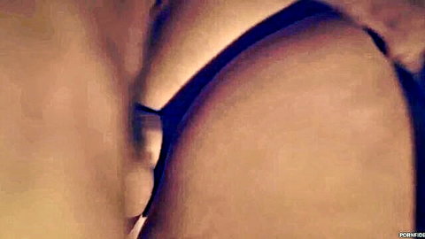 Tanned skinny babe's wet pussy stretched by big cock from behind with black thong aside