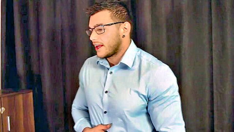 Muscular man in baby blue shirt, teasing pose, adult video thumbnail