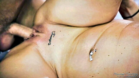 Thick cock penetrating shaved pussy closeup with visible anus, Mandy tattoo, and navel piercing