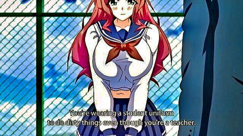 Redhead hentai teacher in tight sailor uniform smiling teasingly outdoors by fence