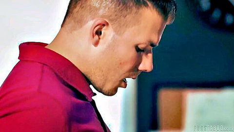 Handsome blond man in red shirt moaning intensely during MILF sex closeup