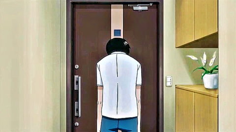 Anime character from behind in white t-shirt and blue shorts at door