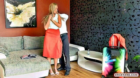 Jenny Simons horny blonde in red skirt with suited man, sex tease