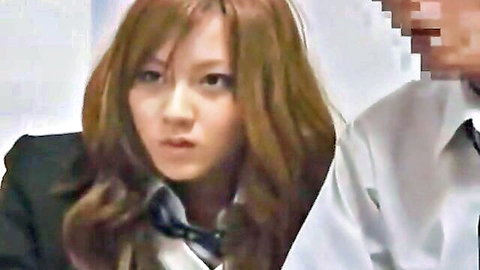 Asian schoolgirl in uniform sitting close to older man in JAV scene