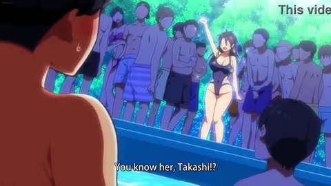 Anime hentai girl in skimpy black bikini at crowded beach pool party