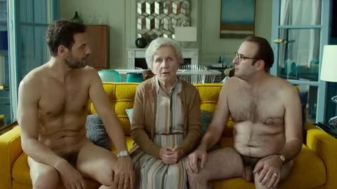 Karin Viard & Helene Vincent nude with two men on couch explicit scene