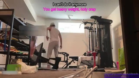 French Russian intern guy fails heavy gym weights, sweaty workout struggle