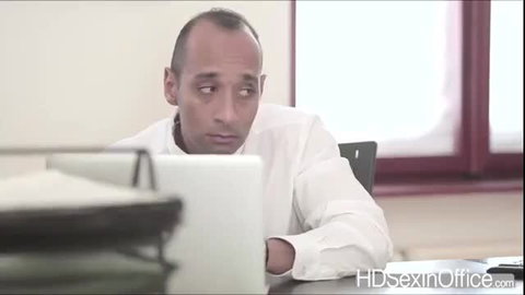 Gina Valentina looks at laptop on office desk in hot HD sex scene