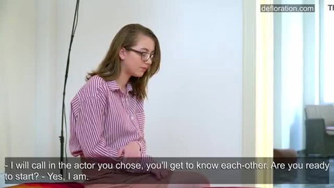Innocent 18yo teen in striped shirt ready for first deep fuck