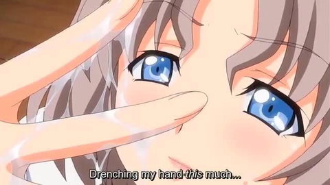 Grey-haired JAV girl drenched in cum on hand, ahegao face closeup