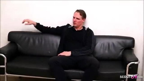 Pregnant German teen in tracksuit on couch, cheating with gynecologist