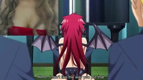 Red-haired anime demon girl with bat wings in skimpy lingerie, camgirl reaction view