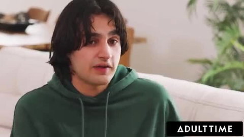 Elias Cash in green hoodie interviewed in steamy stepmom scene