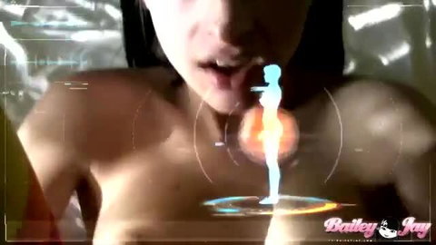 Bailey Jay holographic ladyboy topless tease closeup